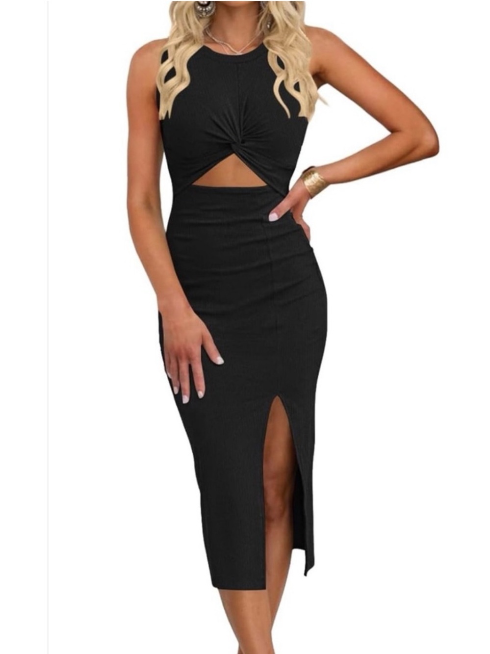 OTEN Black Cut Out Midi Dress Bodycon Capsule‎ Wardrobe Minimalist M